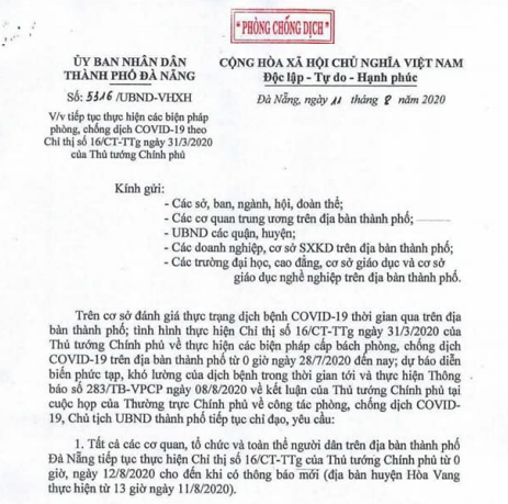 Da Nang City Continues Social Distancing According to Directive 16 from 12:00 AM, August 12