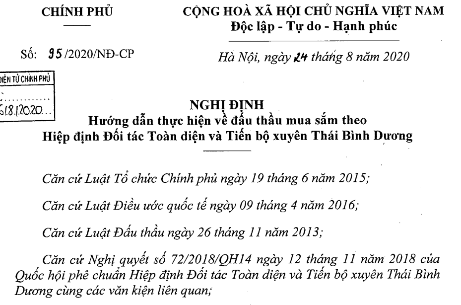 Nghị định 95: Hướng dẫn thực hiện đấu thầu mua sắm theo Hiệp định CPTPP