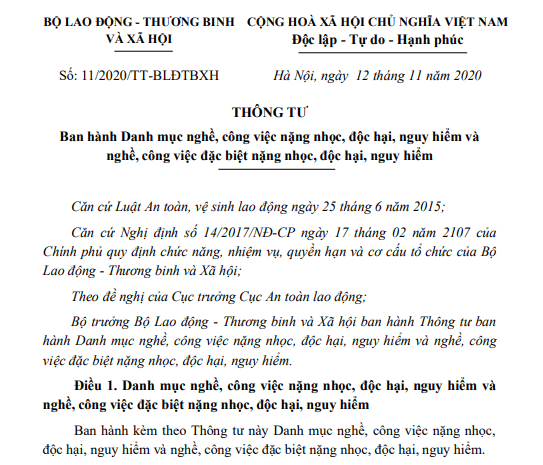 Chính thức có danh mục nghề, công việc nặng nhọc, độc hại, nguy hiểm mới
