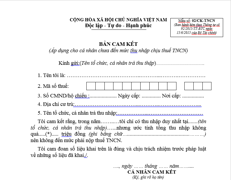 Vietnam: Commitment Form 02/CK-TNCN for Personal Income Tax Exemption