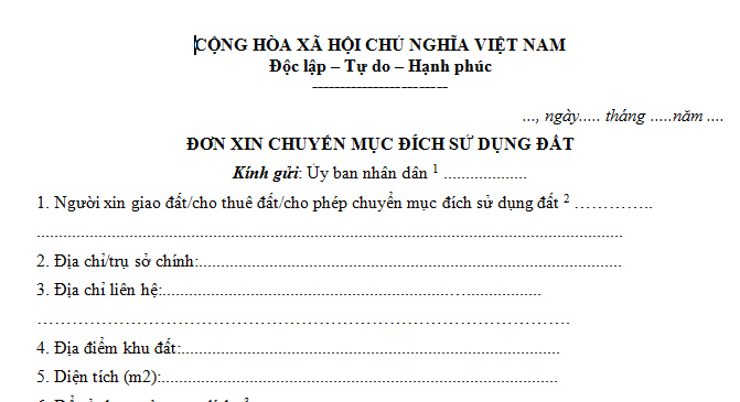 Application form for change of land use purpose in Vietnam (with instructions)