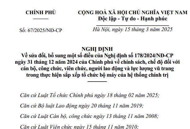 Nghị định 67/2025 sửa đổi Nghị định 178/2024 về chế độ chính sách khi sắp xếp tổ chức bộ máy