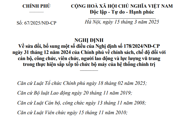 Tải về Nghị định 67 2025 sửa đổi Nghị định 178 về chính sách khi sắp xếp bộ máy