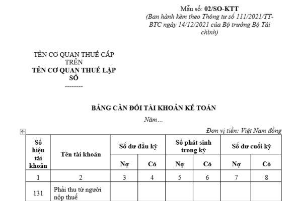 Bảng cân đối tài khoản kế toán thuế nội địa