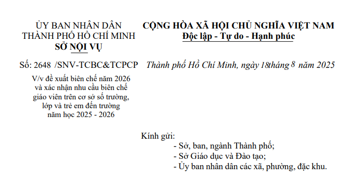 Công văn 2648: Chỉ đạo mới về biên chế giáo viên năm học 2025-2026 tại TPHCM