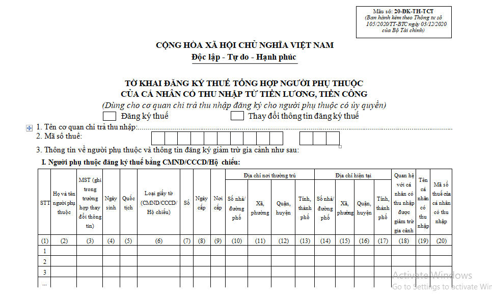 Mẫu 20-ĐK-TH-TCT Tờ khai đăng ký người phụ thuộc