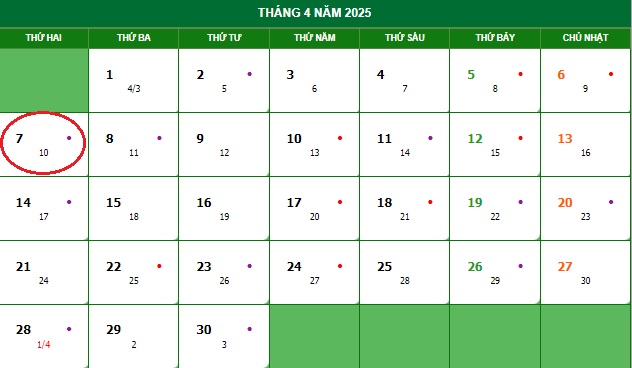 Lịch Vạn Niên Tháng 4 - 2025