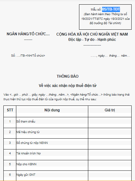 Mẫu thông báo về việc xác nhận nộp thuế điện tử