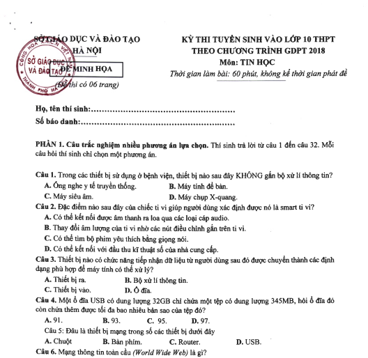 Sample Informatics exam for Grade 10 entrance