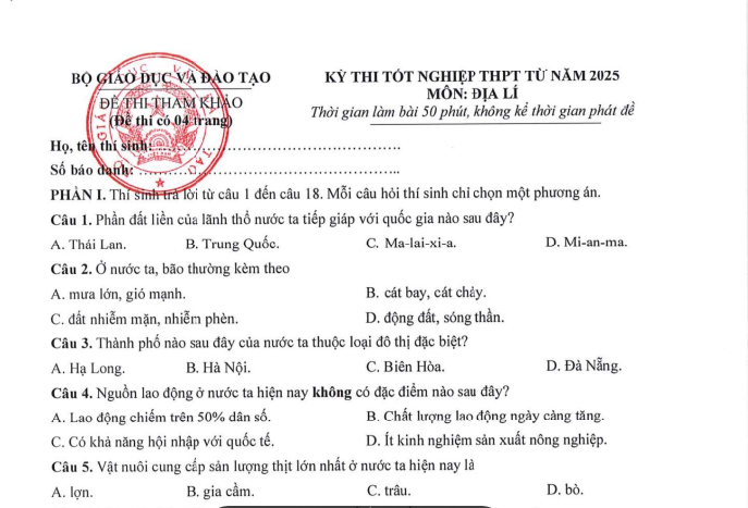 Đề thi tốt nghiệp THPT môn Địa lý 2025