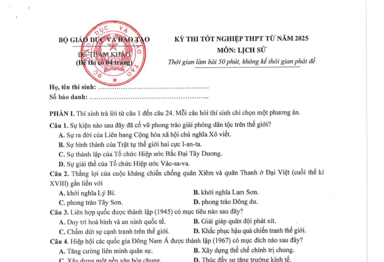 Đề thi tham khảo tốt nghiệp THPT môn lịch sử 2025