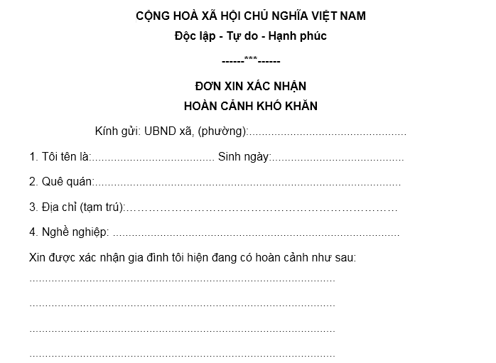 Đơn xác nhận hoàn cảnh khó khăn