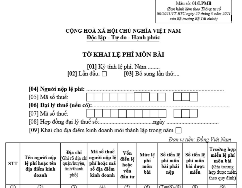 tờ khai lệ phí môn bài 2025