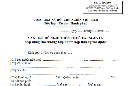 Mẫu đề nghị miễn thuế tài nguyên