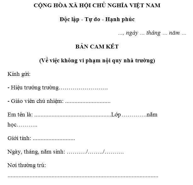 Mẫu bảng cam kết không tái phạm