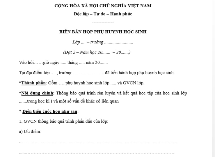 Mẫu biên bản họp phụ huynh