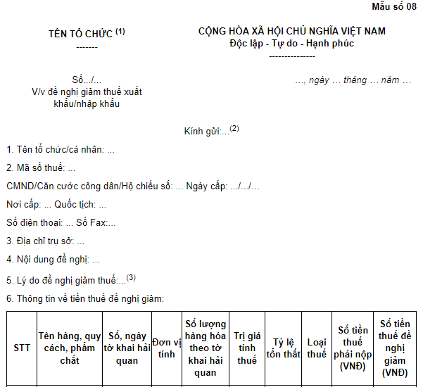 Sample Tax Reduction Application