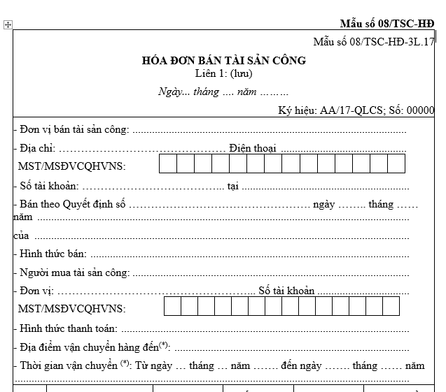 Mẫu hóa đơn điện tử bán tài sản công