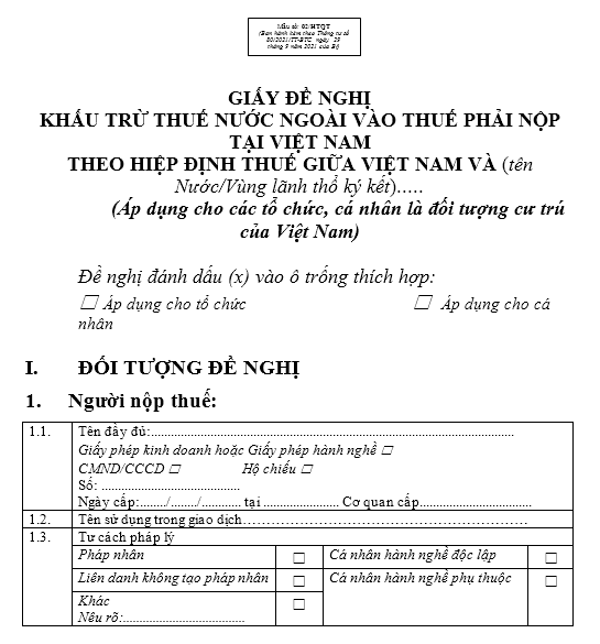 Form for tax deduction in Vietnam for taxes paid overseas