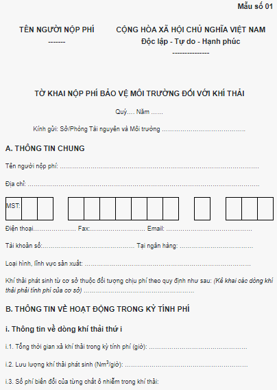 Mẫu tờ khai nộp phí bảo vệ môi trường