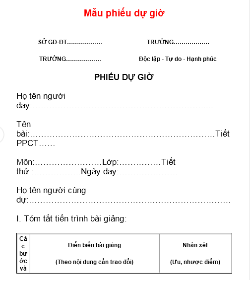 Mẫu phiếu dự giờ