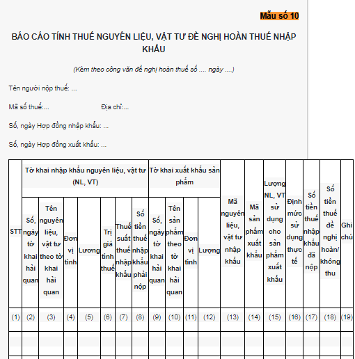 Mẫu số 10 Mẫu báo cáo tính thuế nguyên liệu, vật tư đề nghị hoàn toàn thuế nhập khẩu 