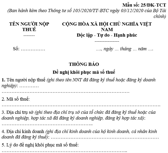 Mẫu thông báo đề nghị khôi phục mã số thuế