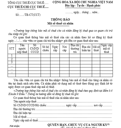 Personal Tax Identification Number Notification Template