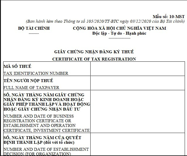 Taxpayer registration certificate