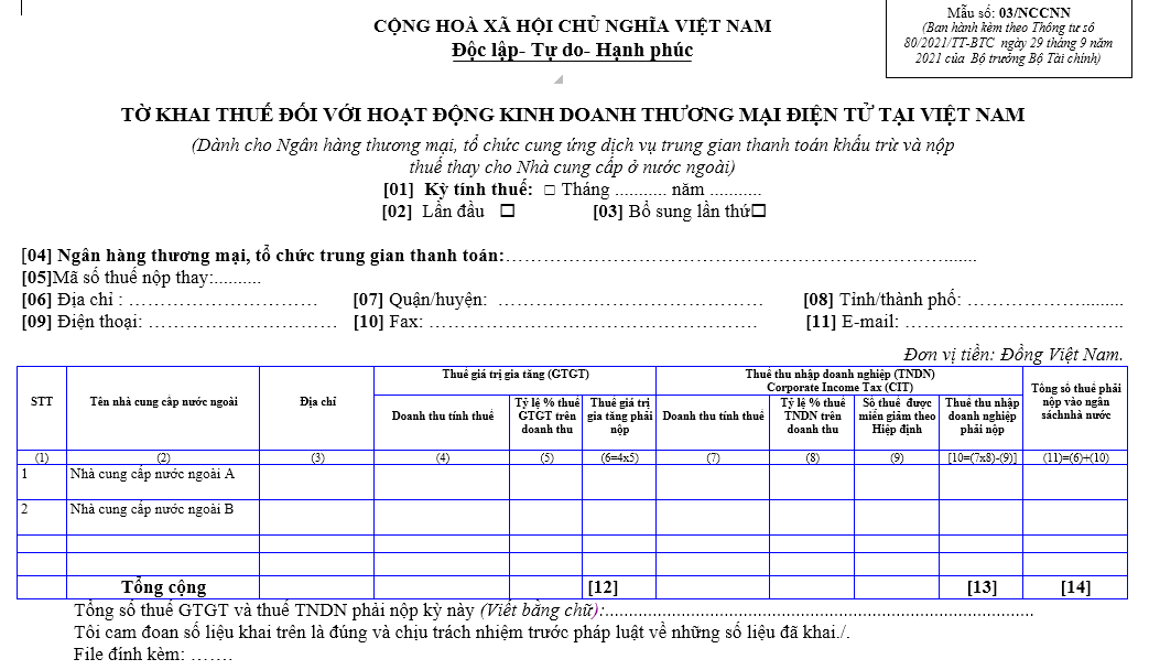 Mẫu tờ khai thuế kinh doanh thương mại điện tử