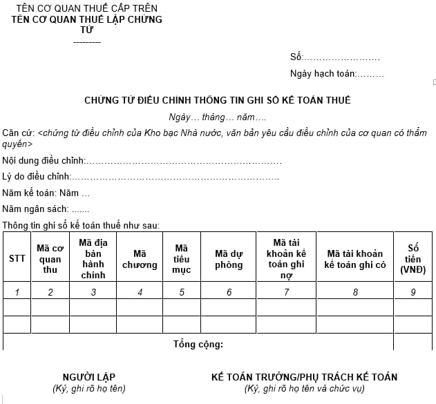 Mẫu 01/CT-KTT chứng từ điều chỉnh thông tin ghi Sổ kế toán thuế