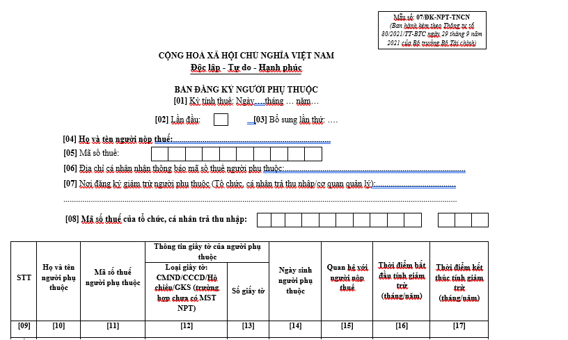 Bản đăng ký người phụ thuộc