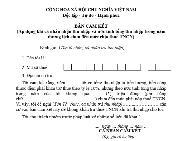 Mẫu cam kết không phát sinh thuế thu nhập cá nhân