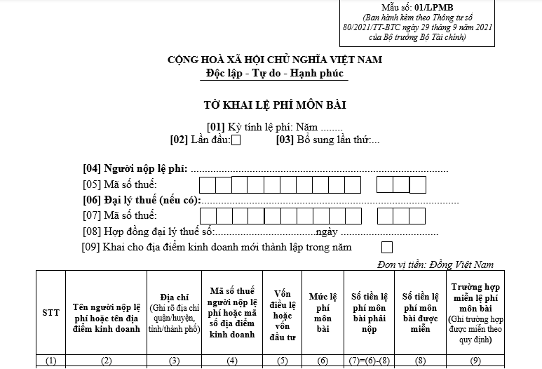 Business License Tax Declaration Form