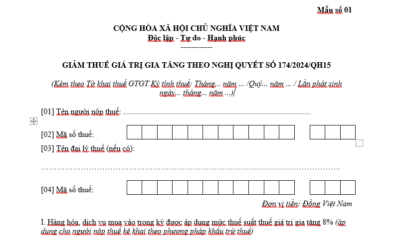 Tờ khai giảm thuế giá trị gia tăng