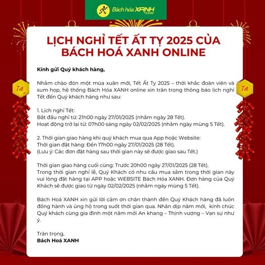 Lịch nghỉ Tết 2025 của Bách hóa xanh