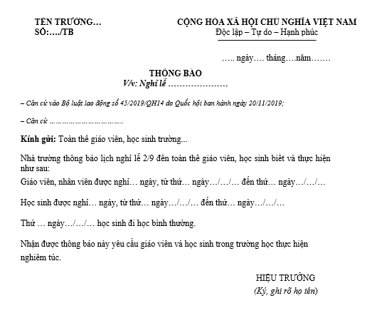 Mẫu thông báo nghỉ lễ 2/9 của trường học mới nhất 2024?