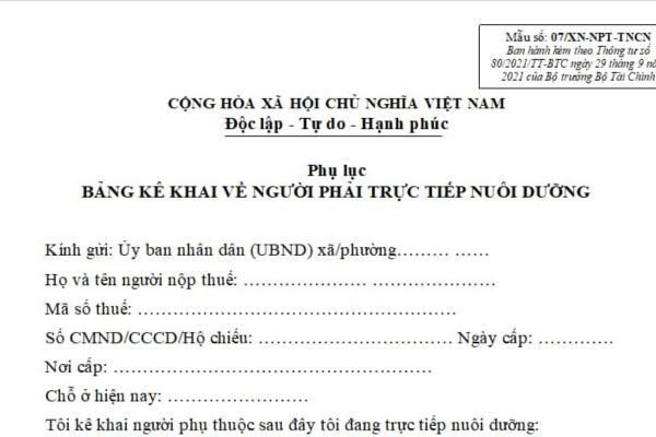 bảng kê khai người phải trực tiếp nuôi dưỡng