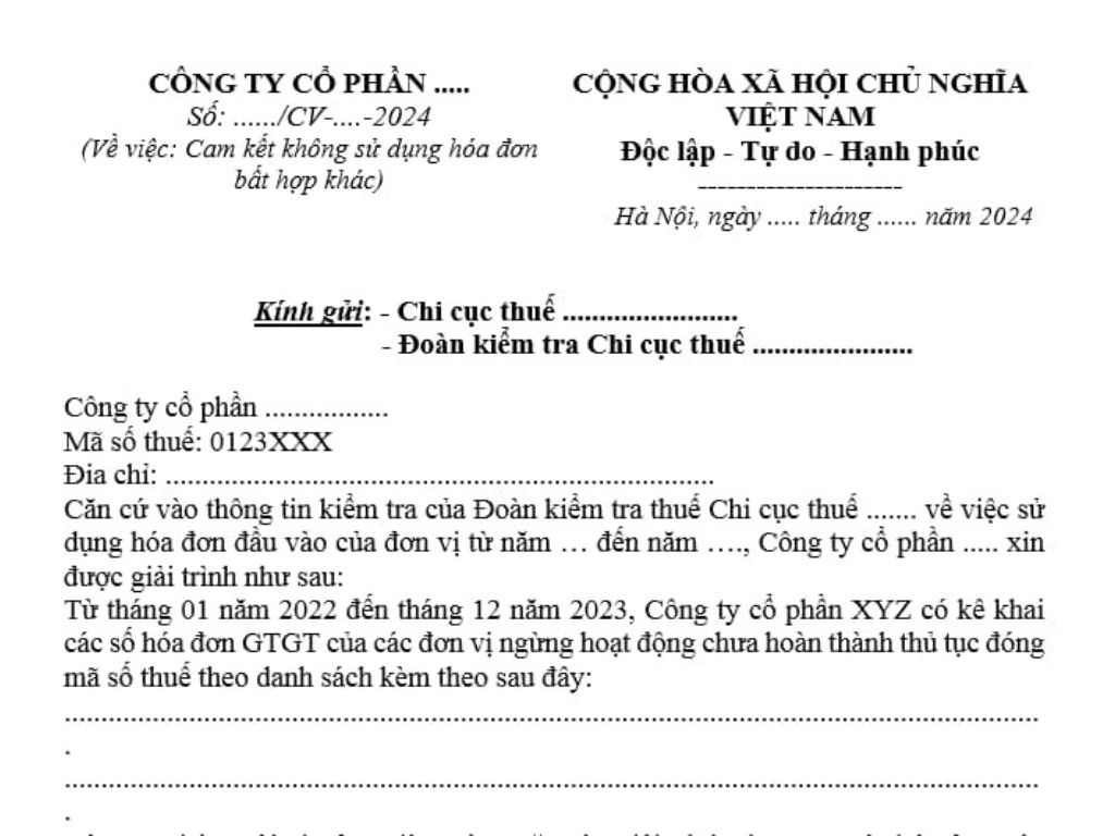 cam kết không sử dụng hóa đơn bất hợp pháp