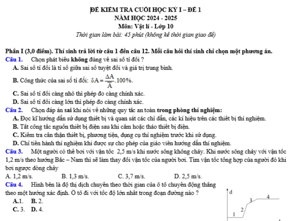 top 5 đề thi học kì 1 môn Vật lí 10