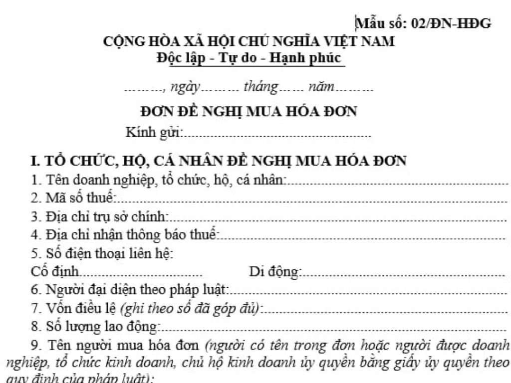 đơn đề nghị mua hóa đơn