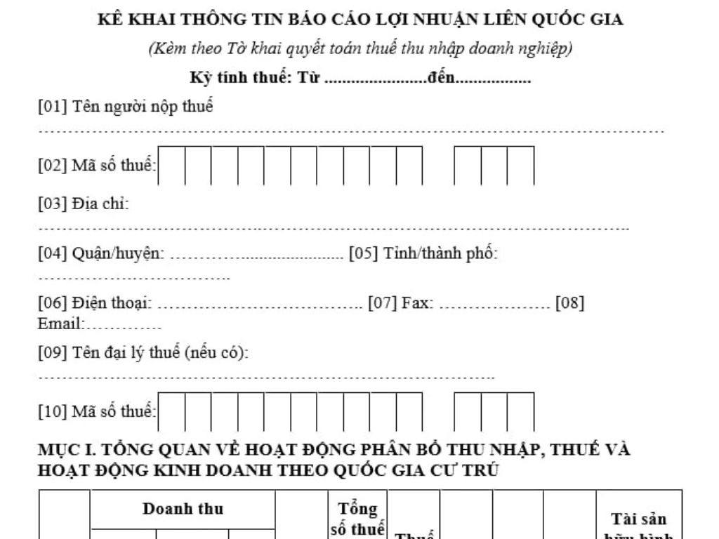 mẫu kê khai thông tin báo cáo lợi nhuận liên quốc gia