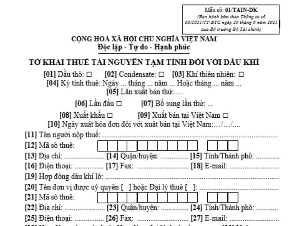 mẫu tờ khai tạm tính