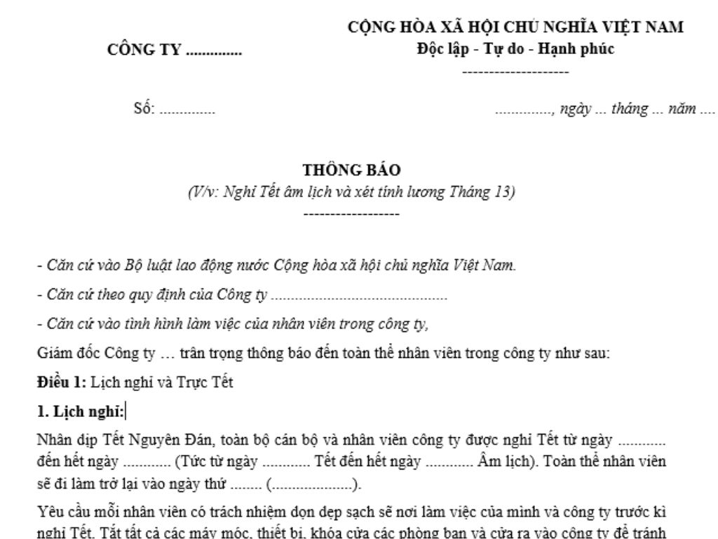 mẫu nghỉ tết và xét thưởng tháng 13