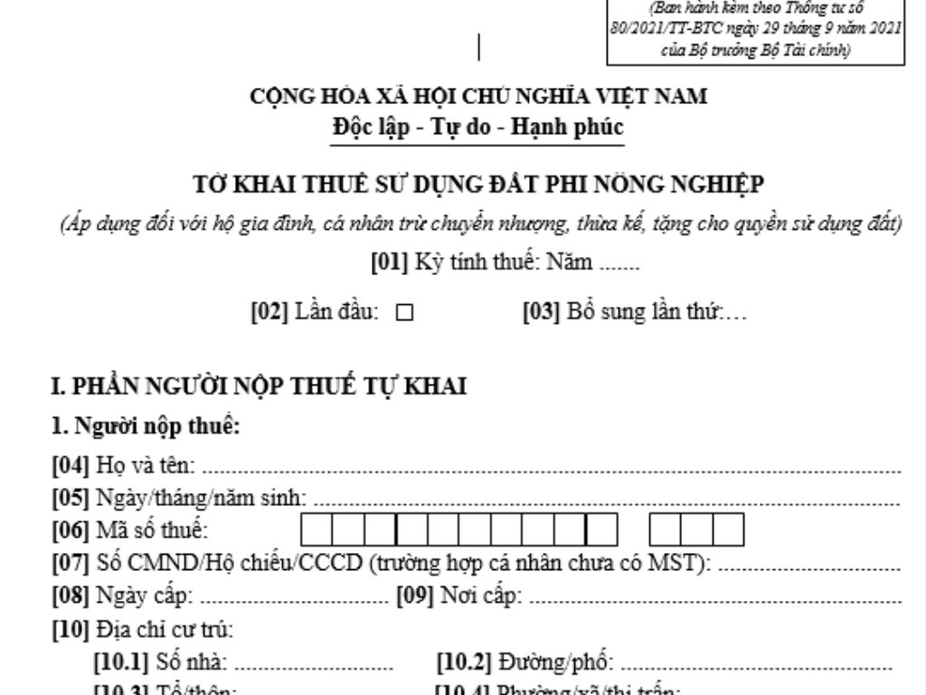 tờ khai thuế sử dụng đất phi nông nghiệp