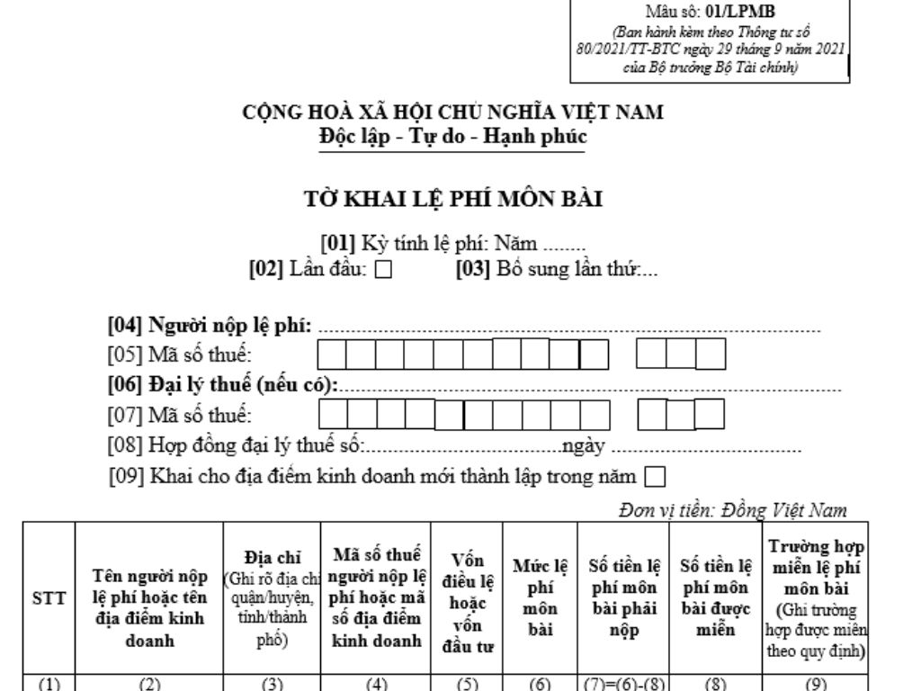 tờ khai lệ phí môn bài 2025