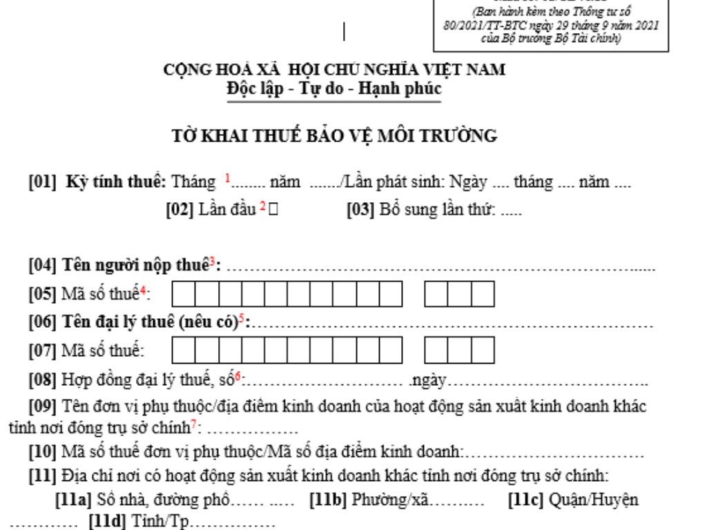 tờ khai thuế bảo vệ môi trường