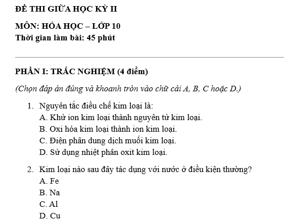 Đề thi giữa học kì 2 môn Hóa học lớp 10 năm 2025 có gợi ý đáp án ở đâu?