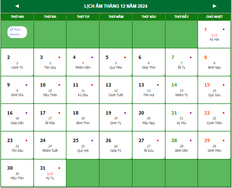 lịch âm dương tháng 12 2024 như sau