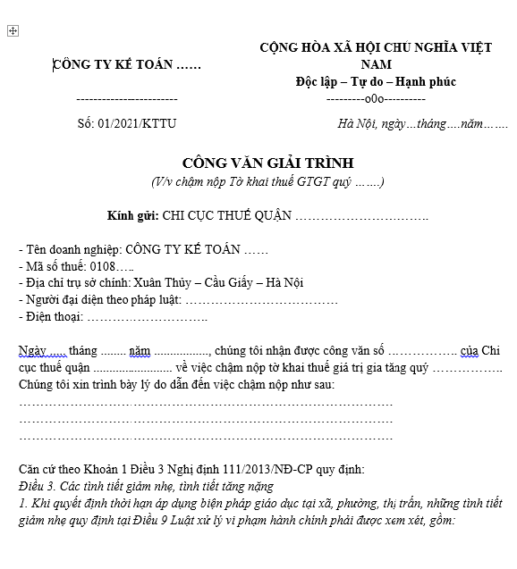 mẫu công văn giải trình thuế 3